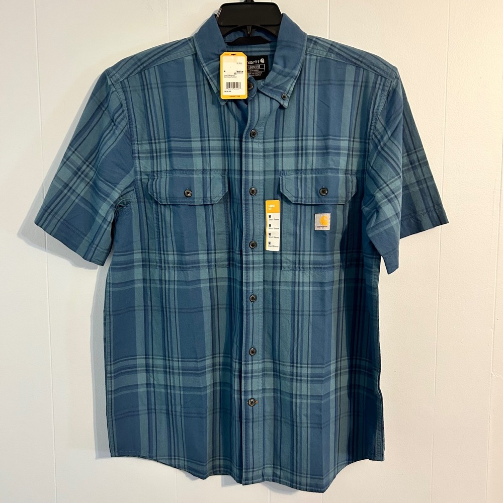 Carhartt Mens Plaid Short Sleeve Button Up‎ Shirt Work Casual Blue Medium